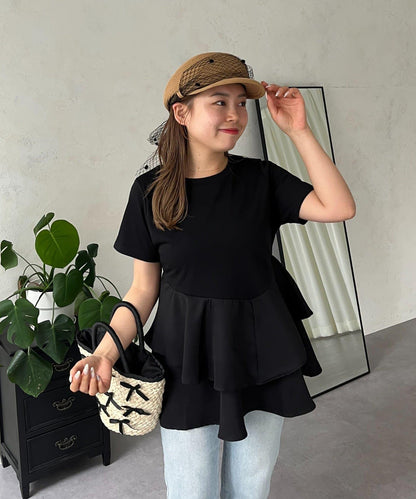 【MOMO】不對稱荷葉邊拼接荷葉邊T恤