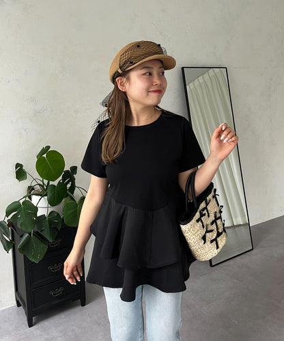 【MOMO】不對稱荷葉邊拼接荷葉邊T恤