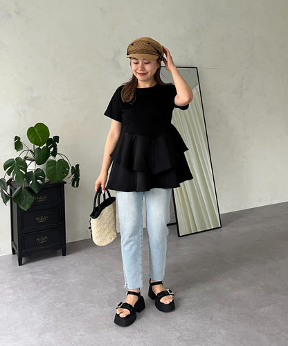 【MOMO】不對稱荷葉邊拼接荷葉邊T恤