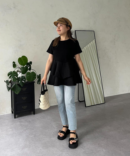 【MOMO】不對稱荷葉邊拼接荷葉邊T恤