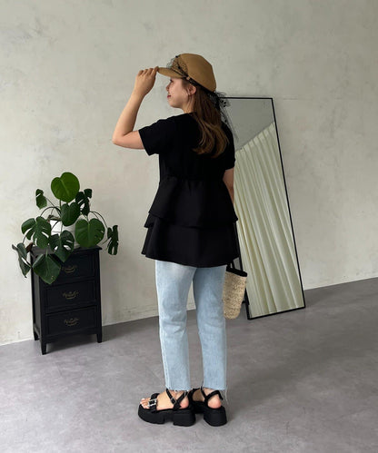 【MOMO】不對稱荷葉邊拼接荷葉邊T恤