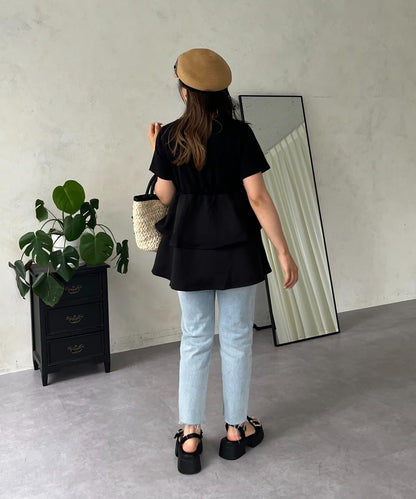 【MOMO】不對稱荷葉邊拼接荷葉邊T恤