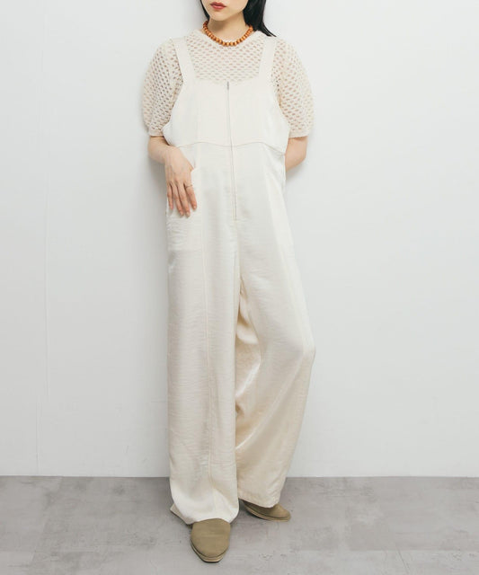 前拉鍊緞面連體褲