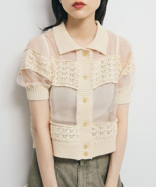 鉤針針織拼接襯衫