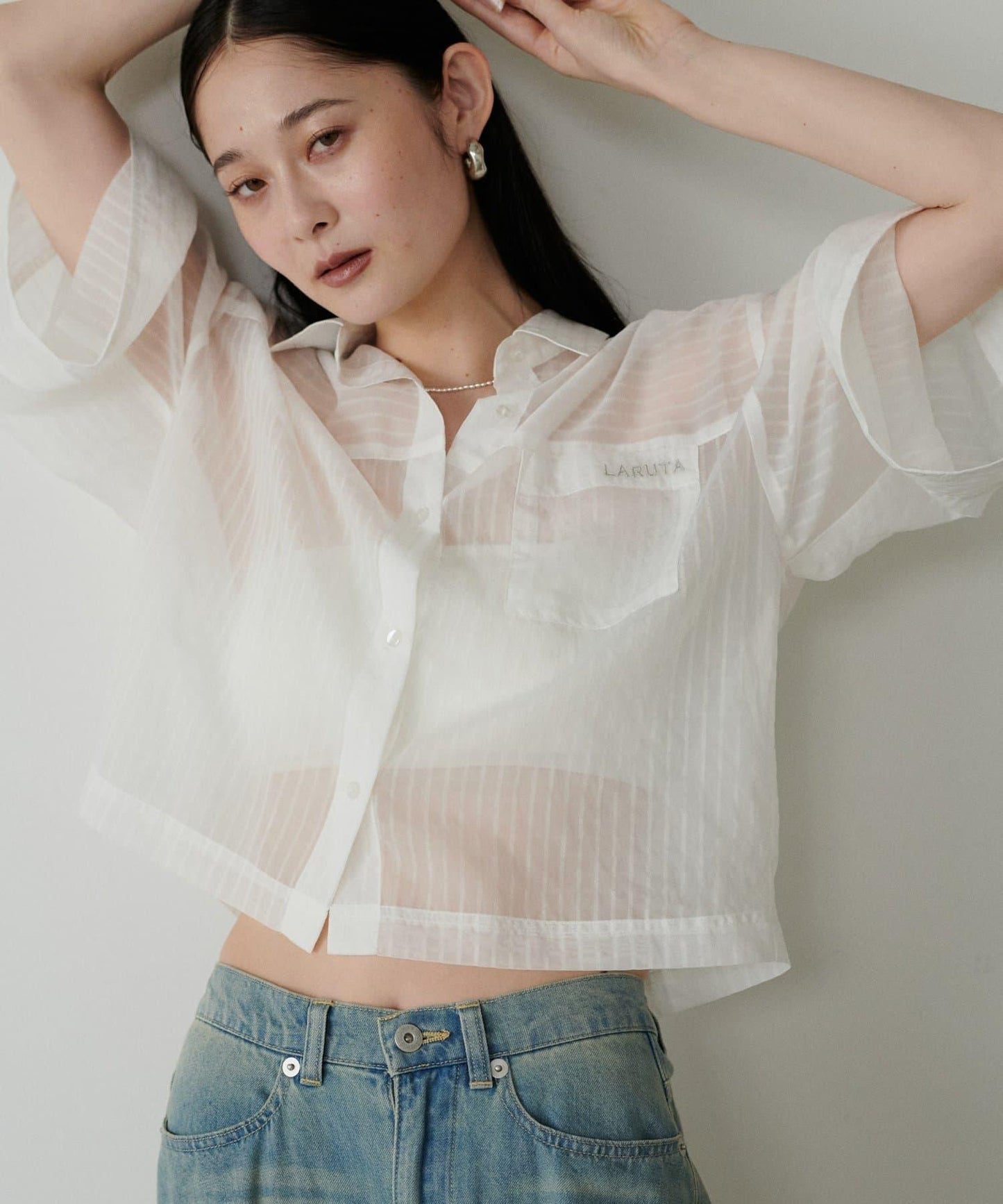 透視半袖刺繡logo襯衫