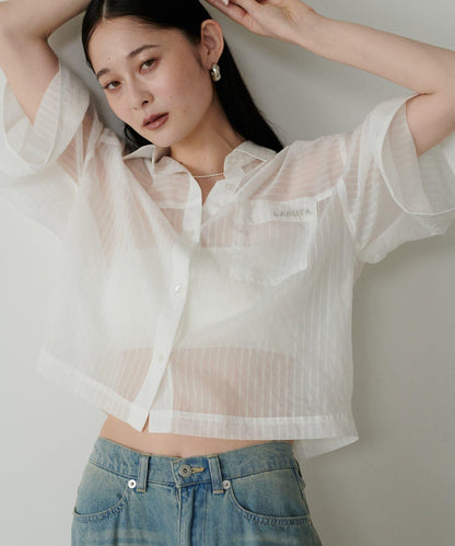 透視半袖刺繡logo襯衫