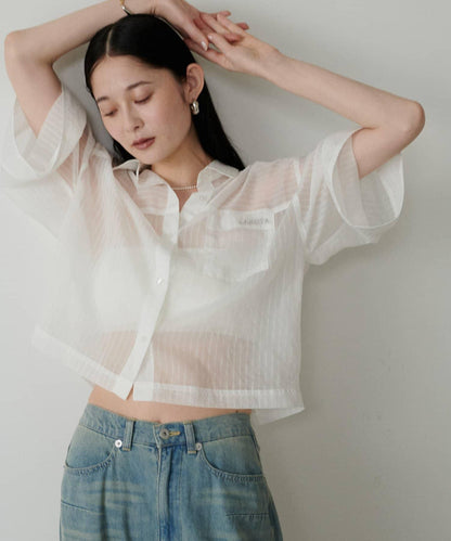 透視半袖刺繡logo襯衫