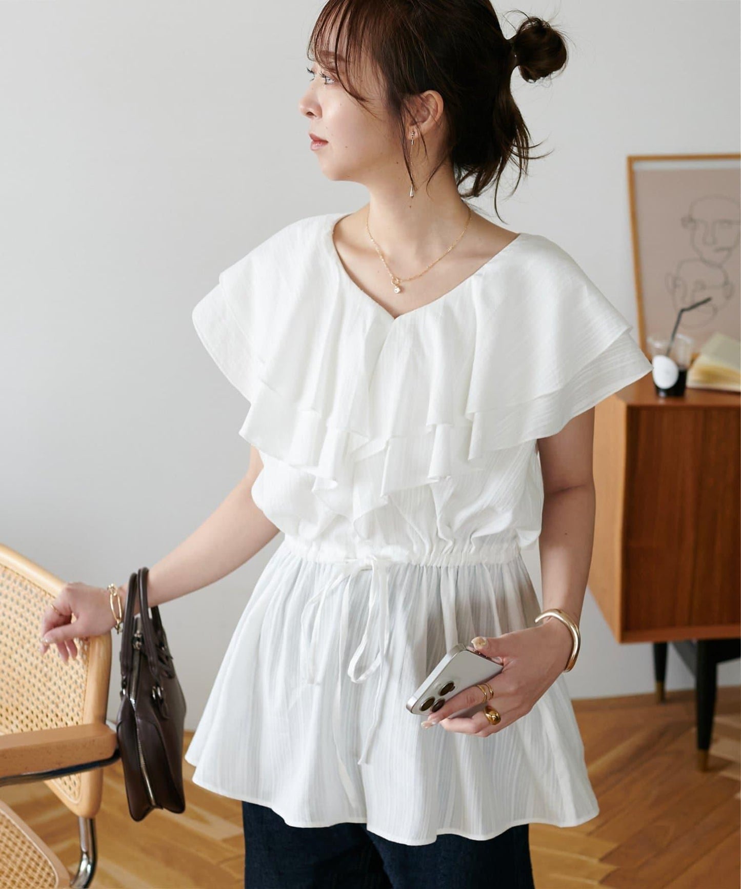 荷葉邊束腰 抓褶設計 長款襯衫