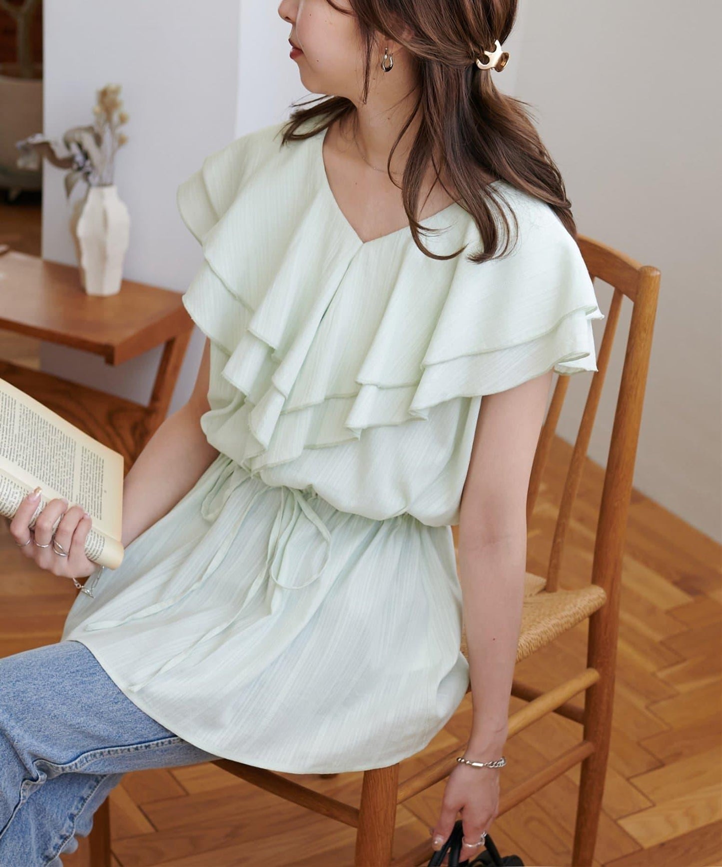 荷葉邊束腰 抓褶設計 長款襯衫