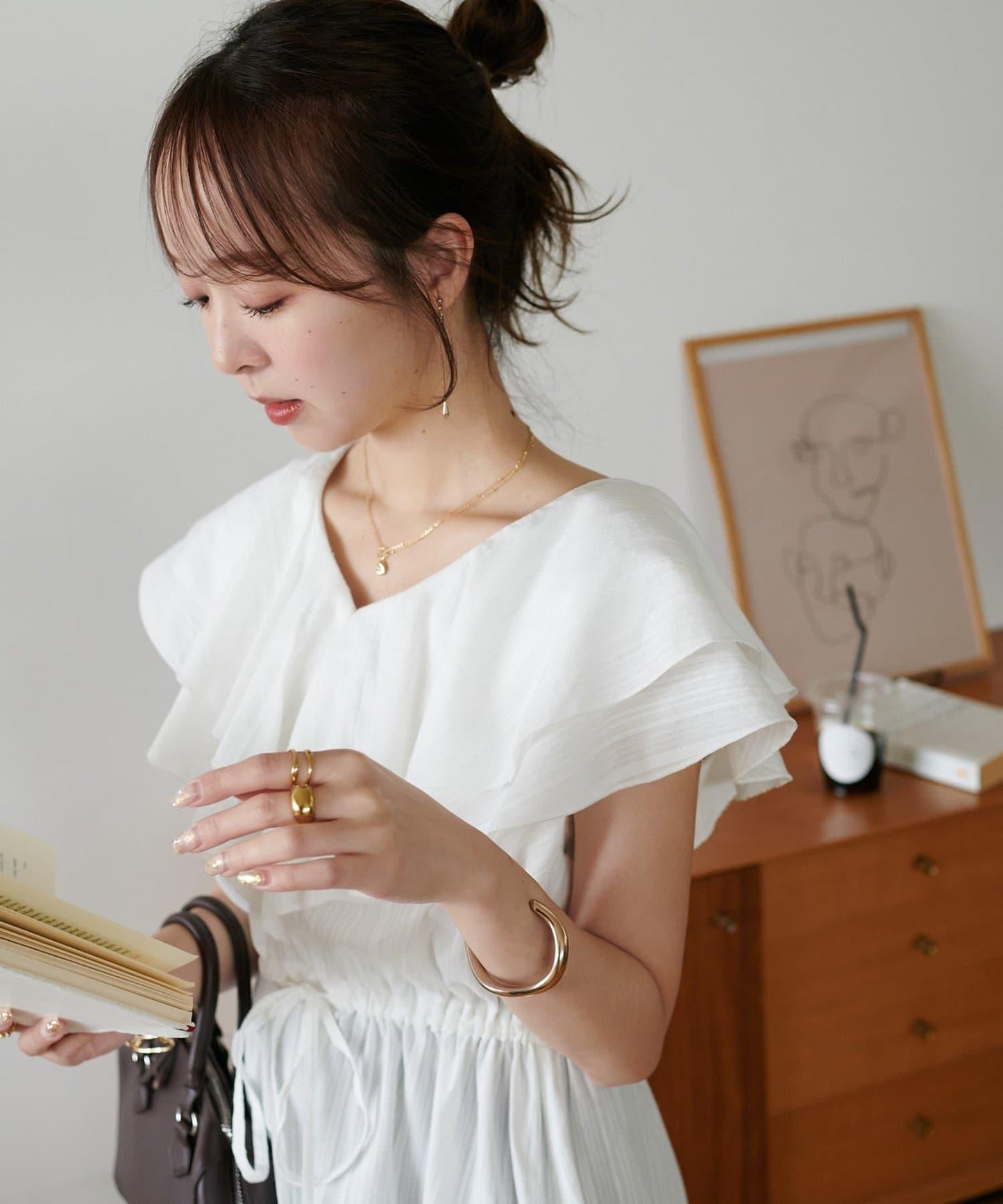 荷葉邊束腰 抓褶設計 長款襯衫