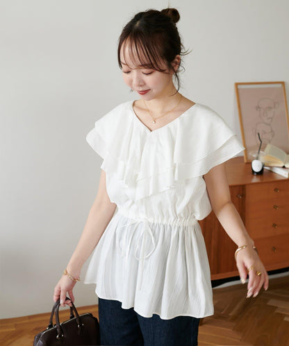 荷葉邊束腰 抓褶設計 長款襯衫