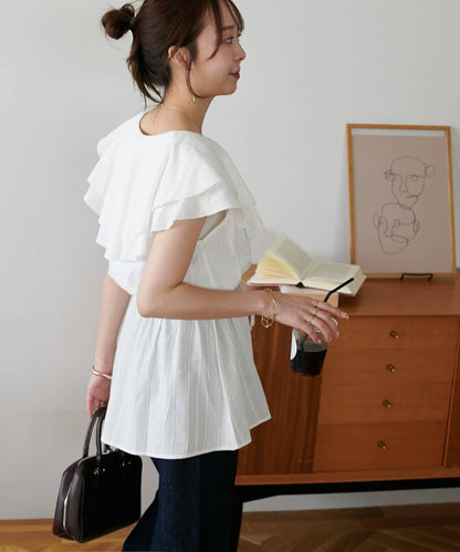 荷葉邊束腰 抓褶設計 長款襯衫