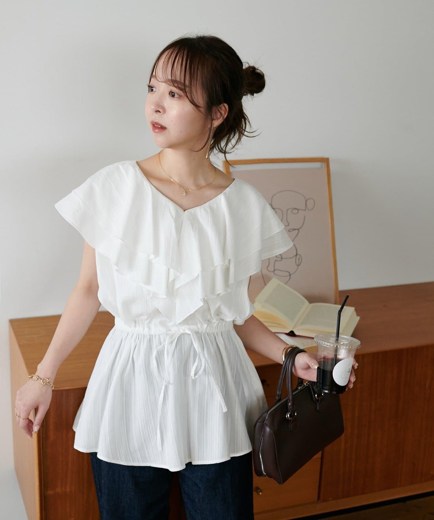 荷葉邊束腰 抓褶設計 長款襯衫