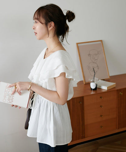 荷葉邊束腰 抓褶設計 長款襯衫