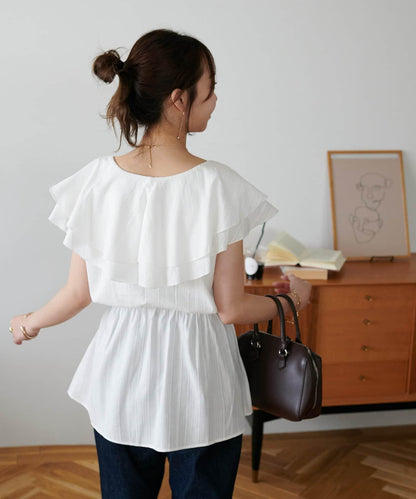 荷葉邊束腰 抓褶設計 長款襯衫