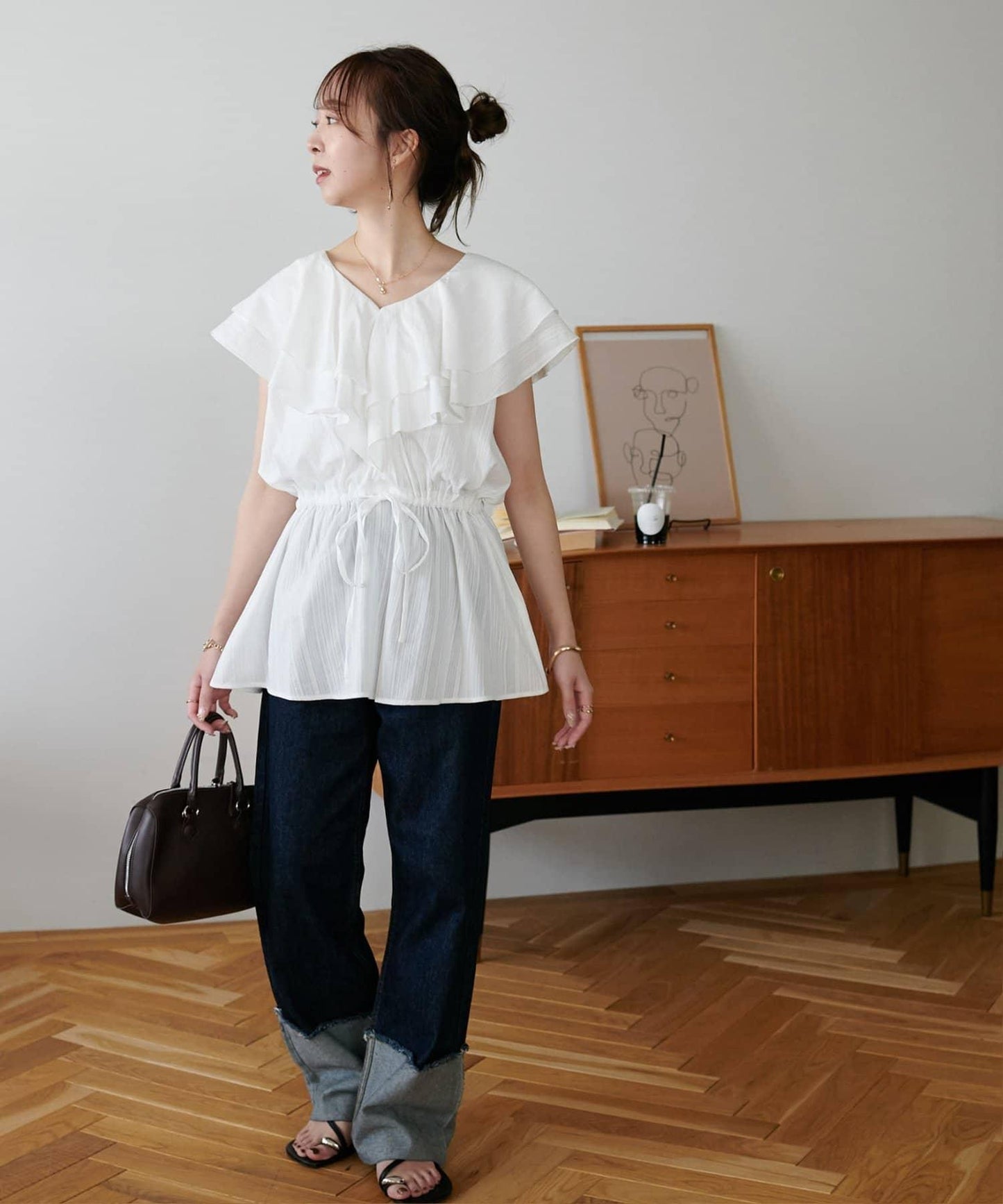 荷葉邊束腰 抓褶設計 長款襯衫