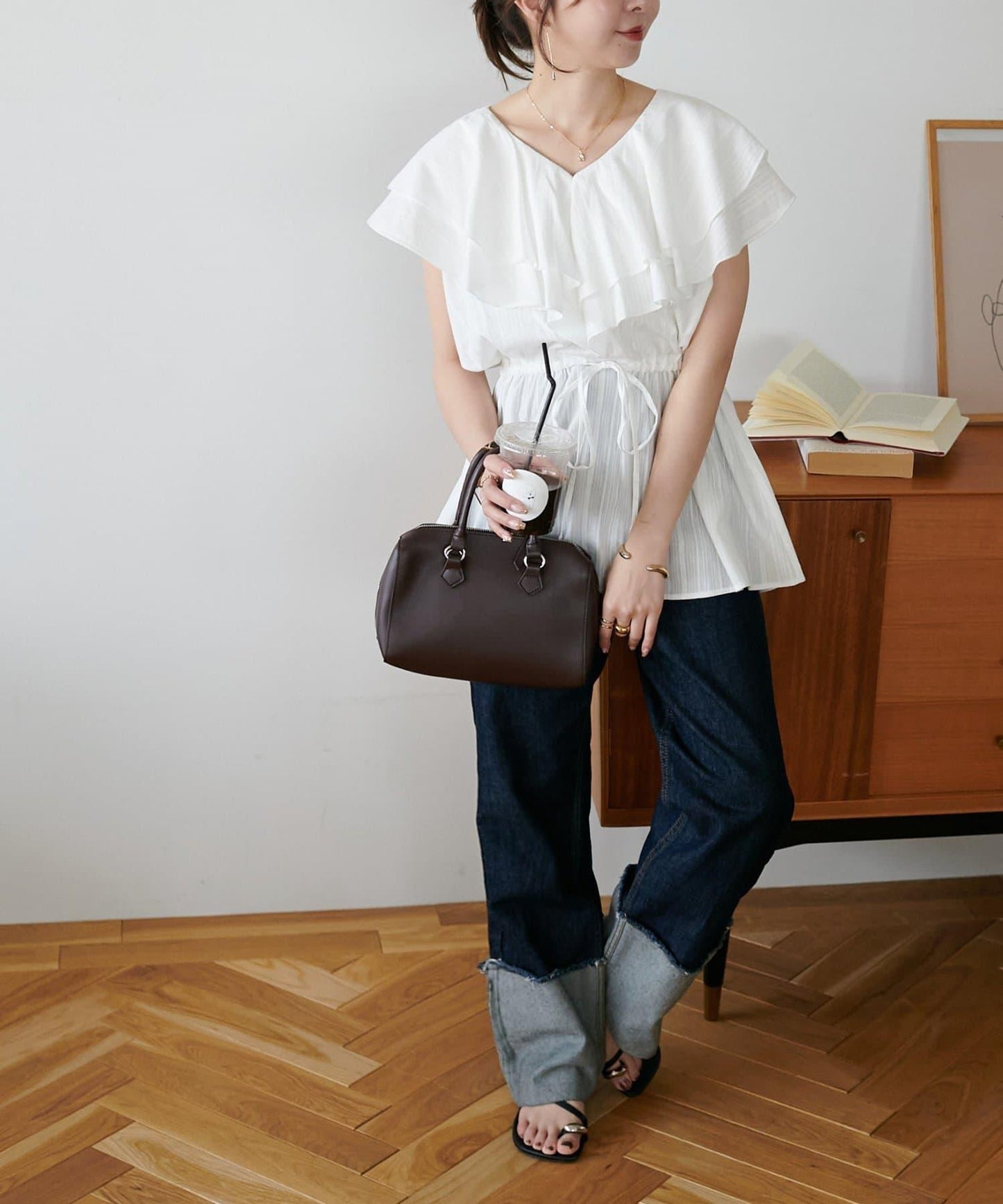 荷葉邊束腰 抓褶設計 長款襯衫