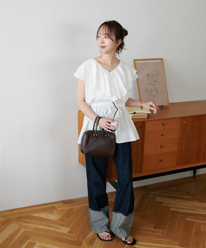 荷葉邊束腰 抓褶設計 長款襯衫