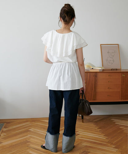 荷葉邊束腰 抓褶設計 長款襯衫