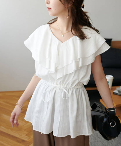 荷葉邊束腰 抓褶設計 長款襯衫