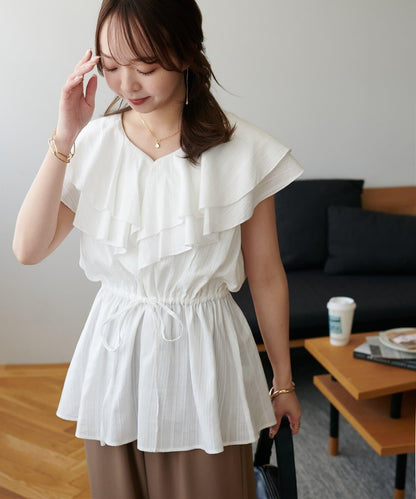 荷葉邊束腰 抓褶設計 長款襯衫