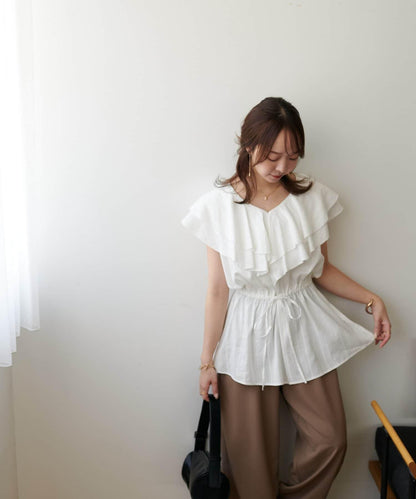 荷葉邊束腰 抓褶設計 長款襯衫