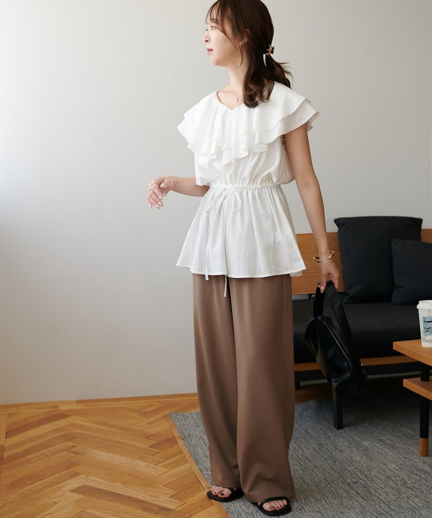 荷葉邊束腰 抓褶設計 長款襯衫