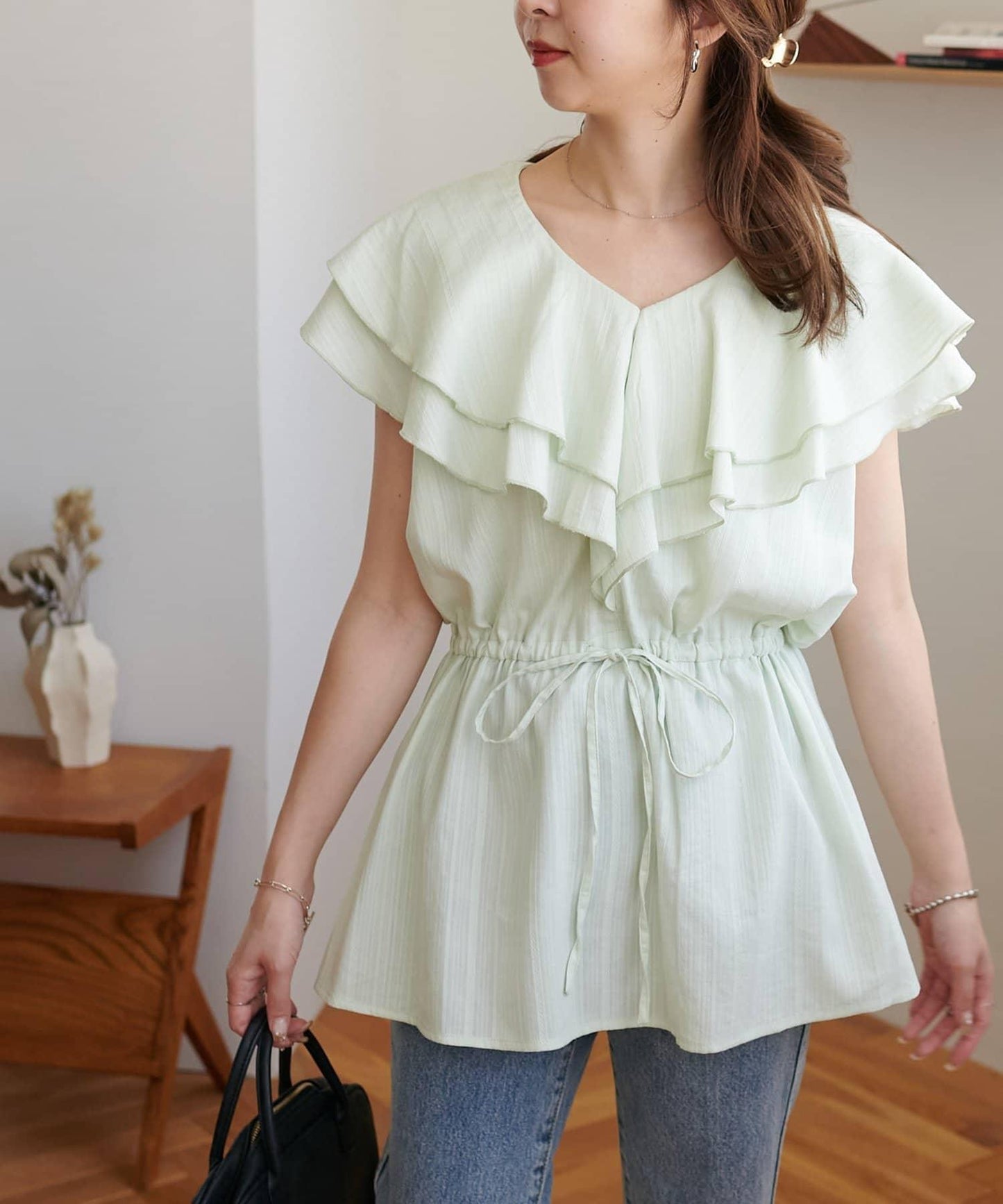 荷葉邊束腰 抓褶設計 長款襯衫