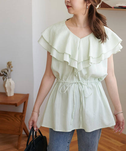 荷葉邊束腰 抓褶設計 長款襯衫