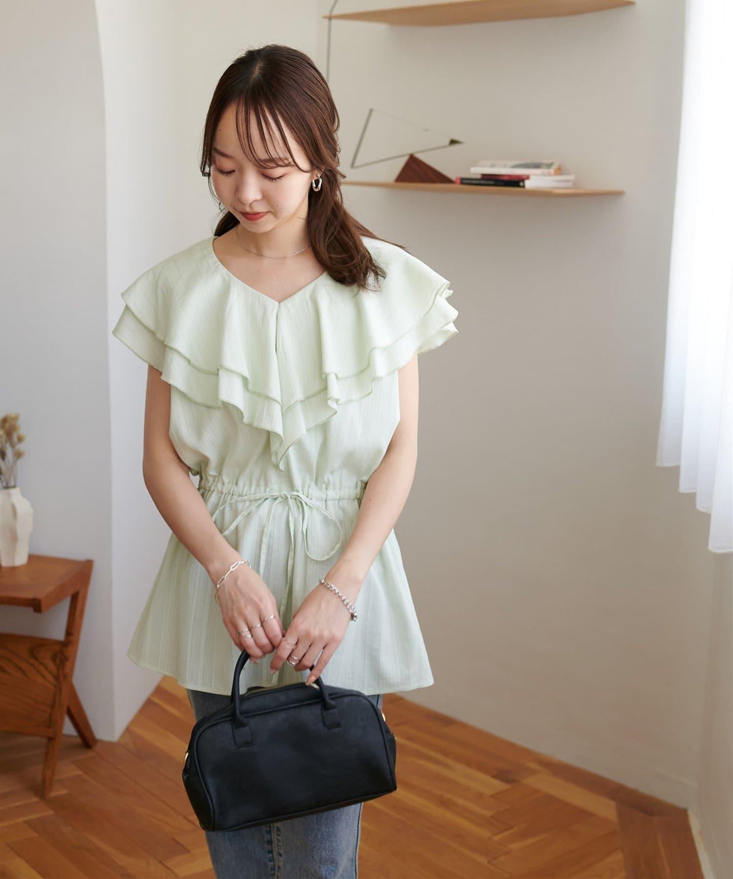 荷葉邊束腰 抓褶設計 長款襯衫