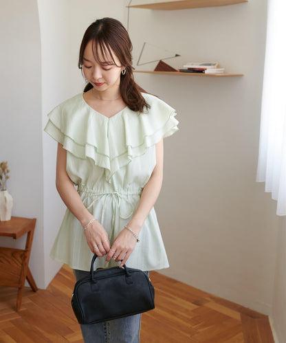 荷葉邊束腰 抓褶設計 長款襯衫