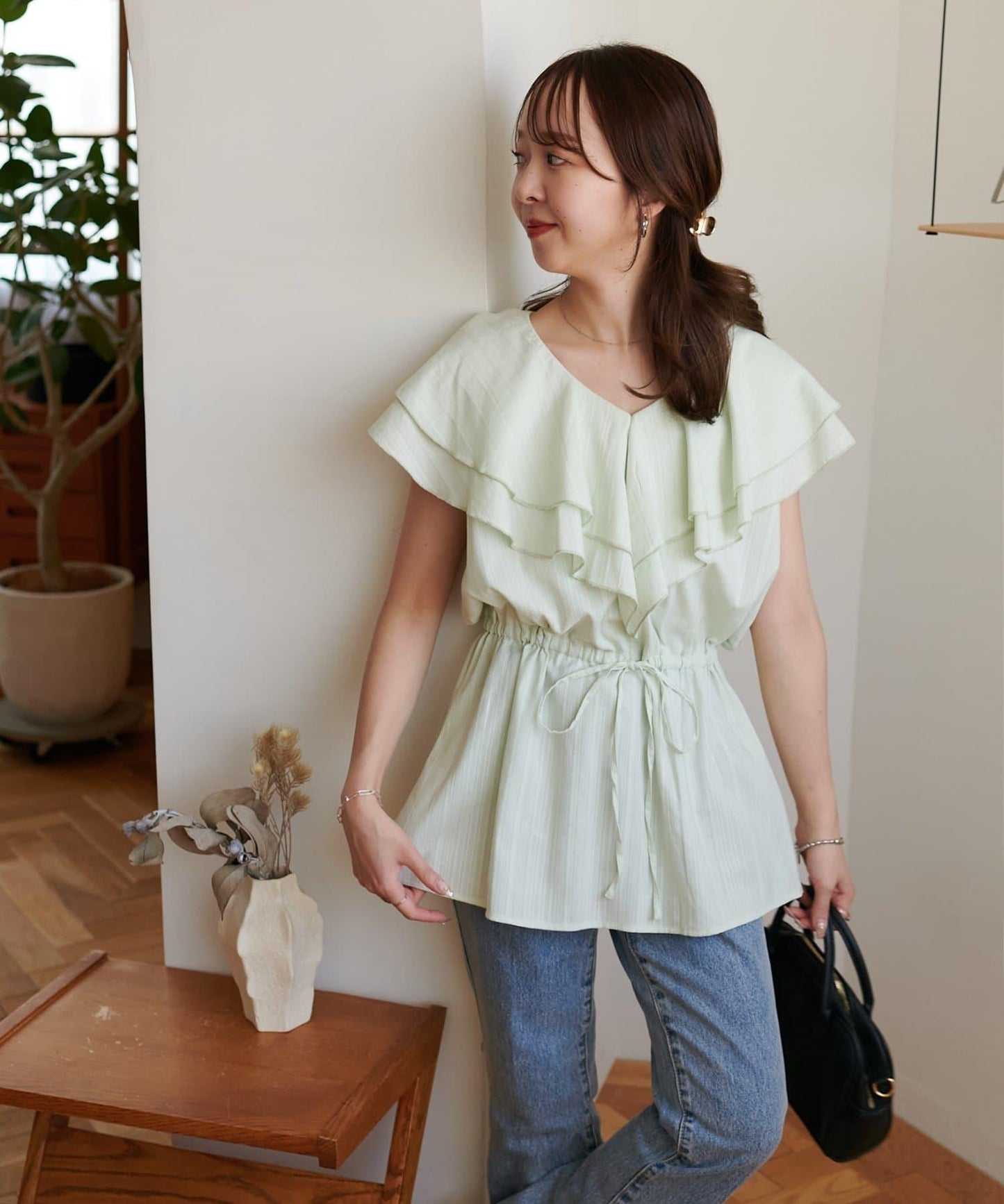 荷葉邊束腰 抓褶設計 長款襯衫