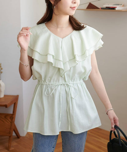 荷葉邊束腰 抓褶設計 長款襯衫