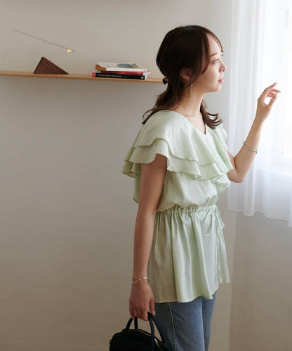 荷葉邊束腰 抓褶設計 長款襯衫