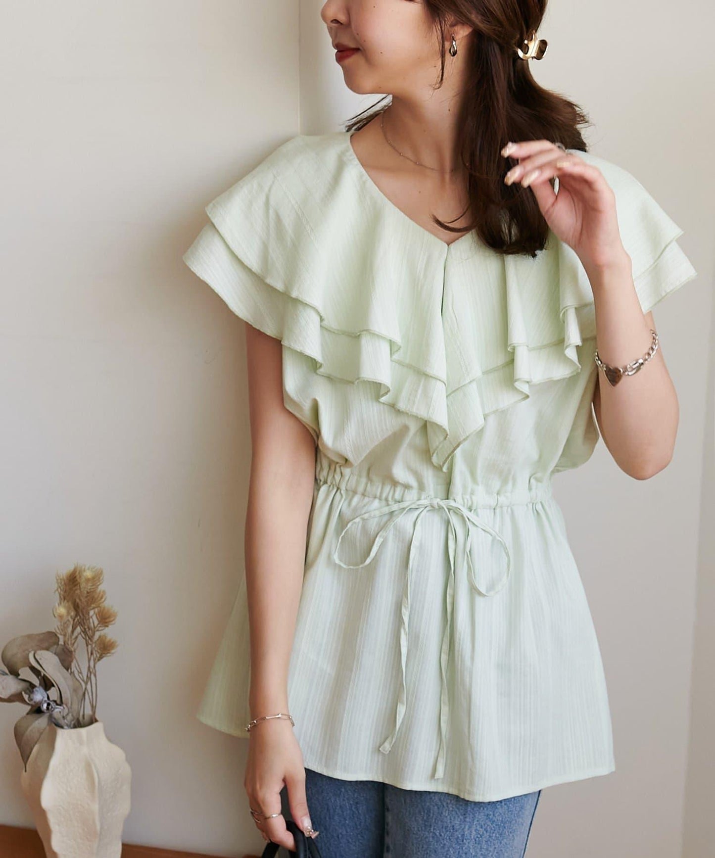 荷葉邊束腰 抓褶設計 長款襯衫