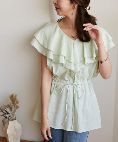 荷葉邊束腰 抓褶設計 長款襯衫