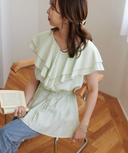 荷葉邊束腰 抓褶設計 長款襯衫