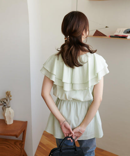 荷葉邊束腰 抓褶設計 長款襯衫