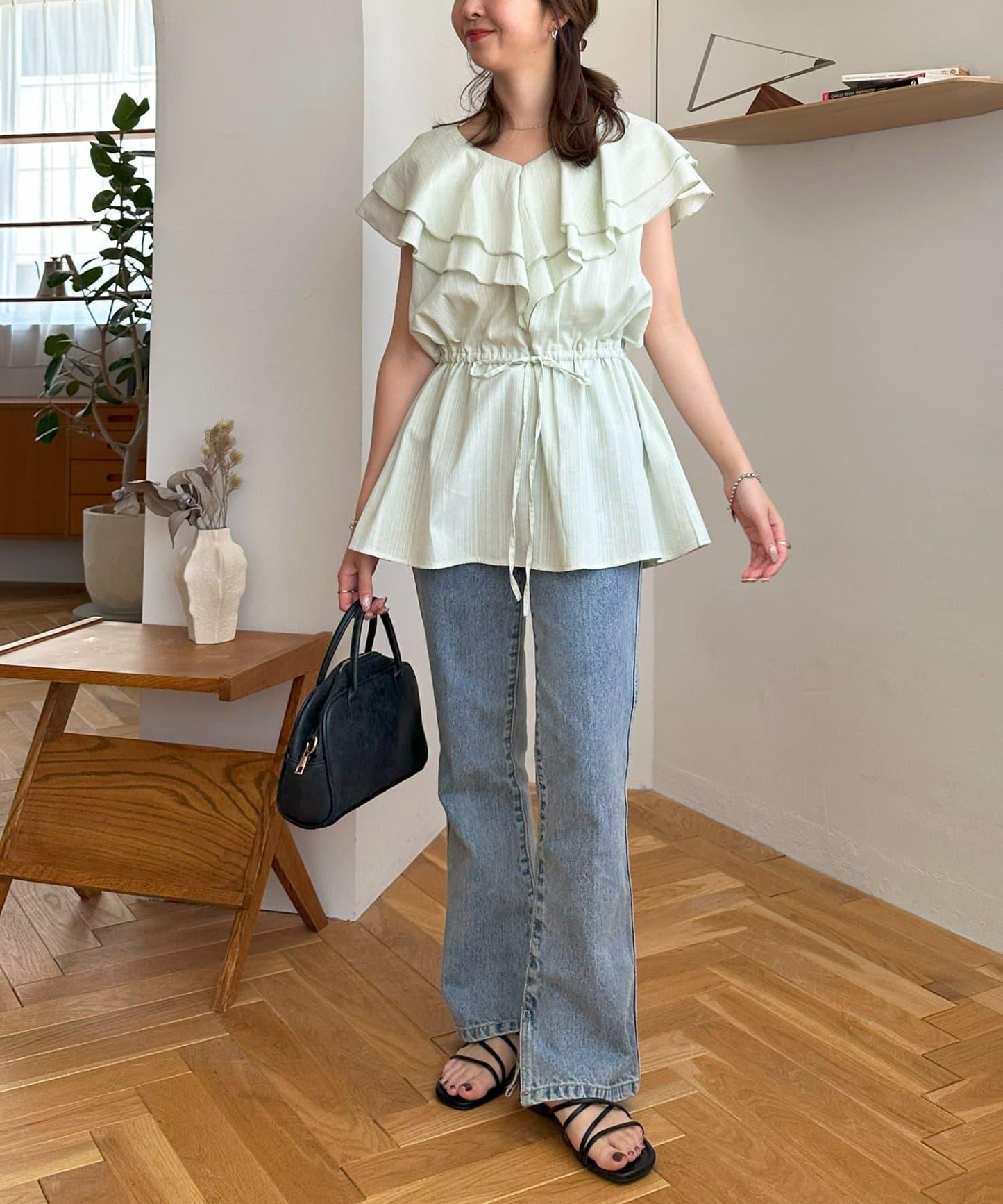 荷葉邊束腰 抓褶設計 長款襯衫