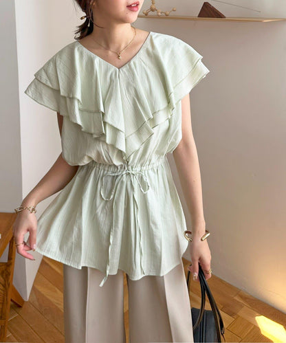 荷葉邊束腰 抓褶設計 長款襯衫