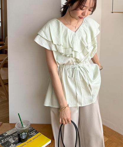 荷葉邊束腰 抓褶設計 長款襯衫