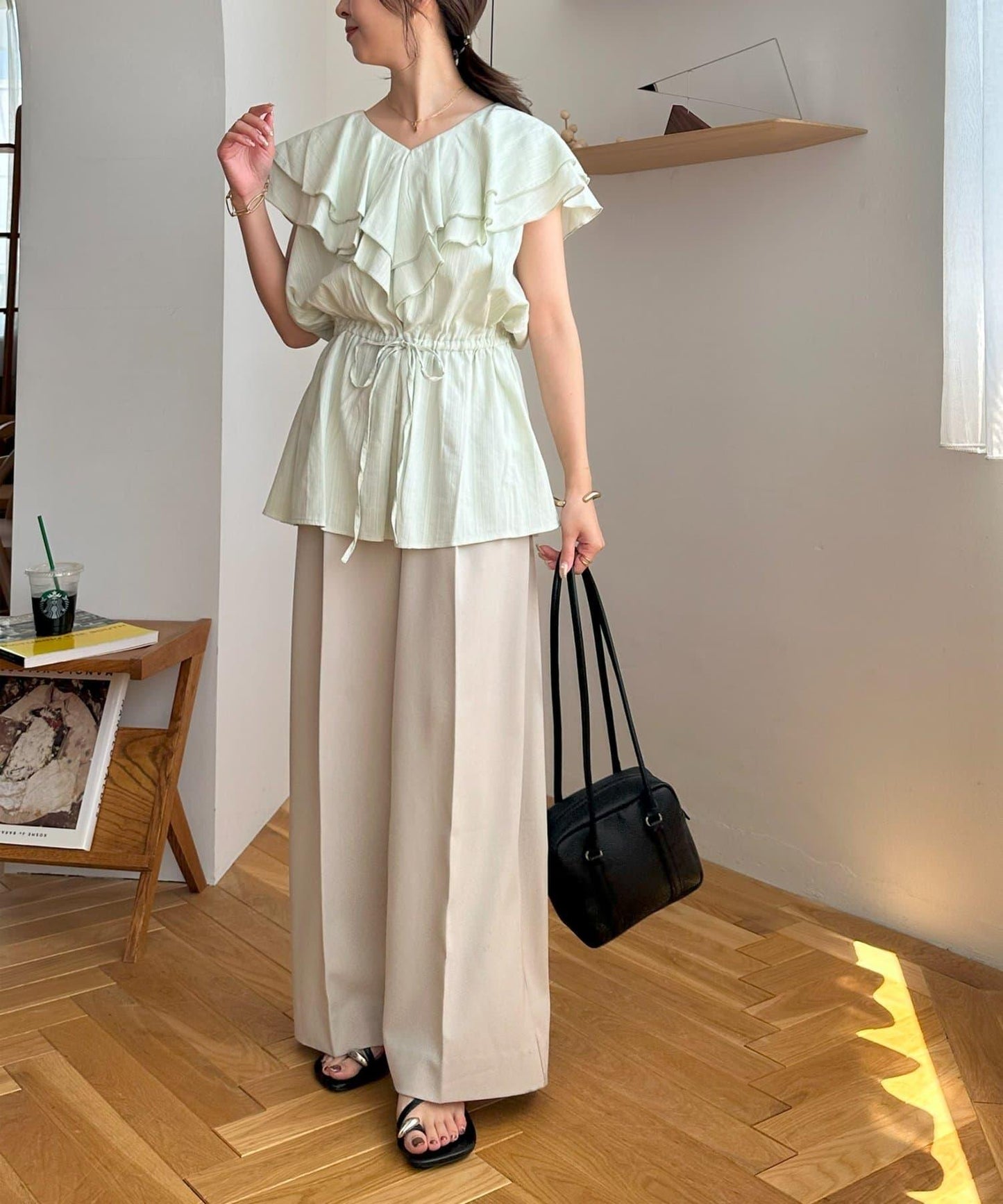 荷葉邊束腰 抓褶設計 長款襯衫