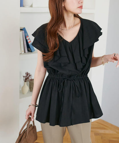 荷葉邊束腰 抓褶設計 長款襯衫