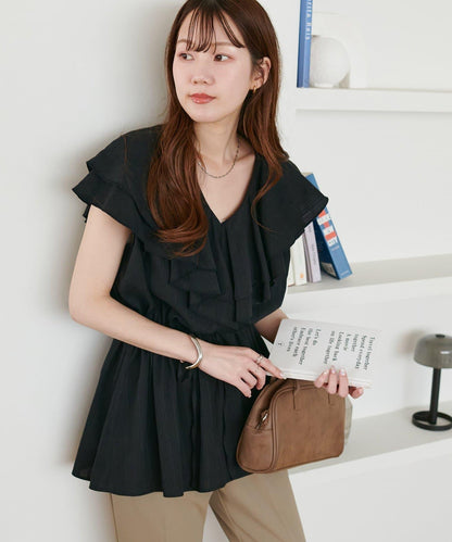 荷葉邊束腰 抓褶設計 長款襯衫