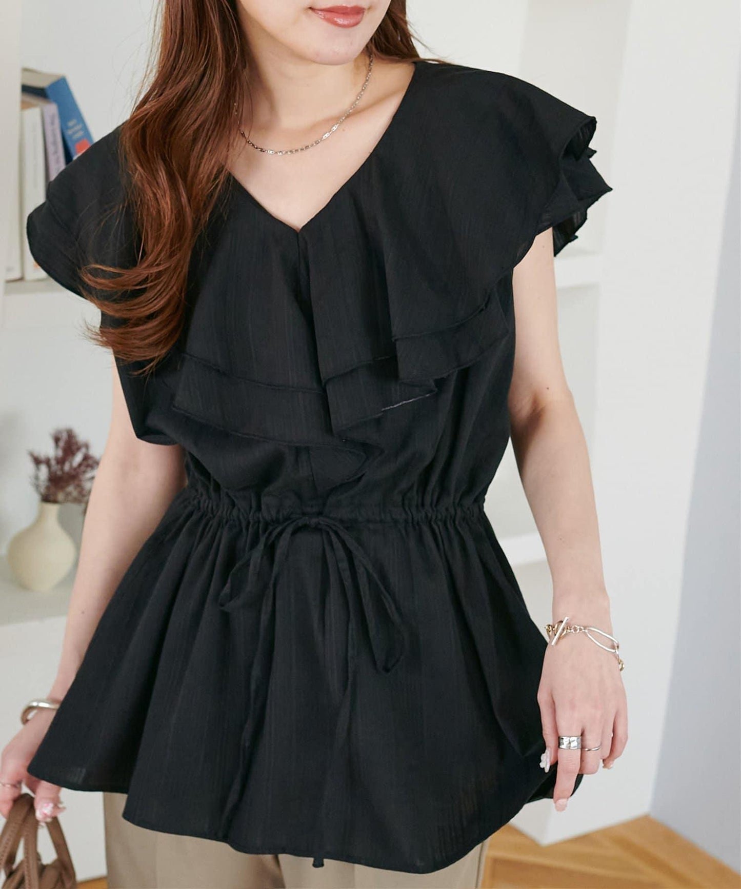 荷葉邊束腰 抓褶設計 長款襯衫