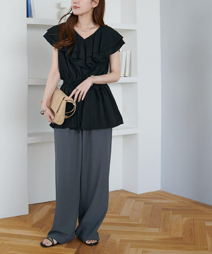 荷葉邊束腰 抓褶設計 長款襯衫