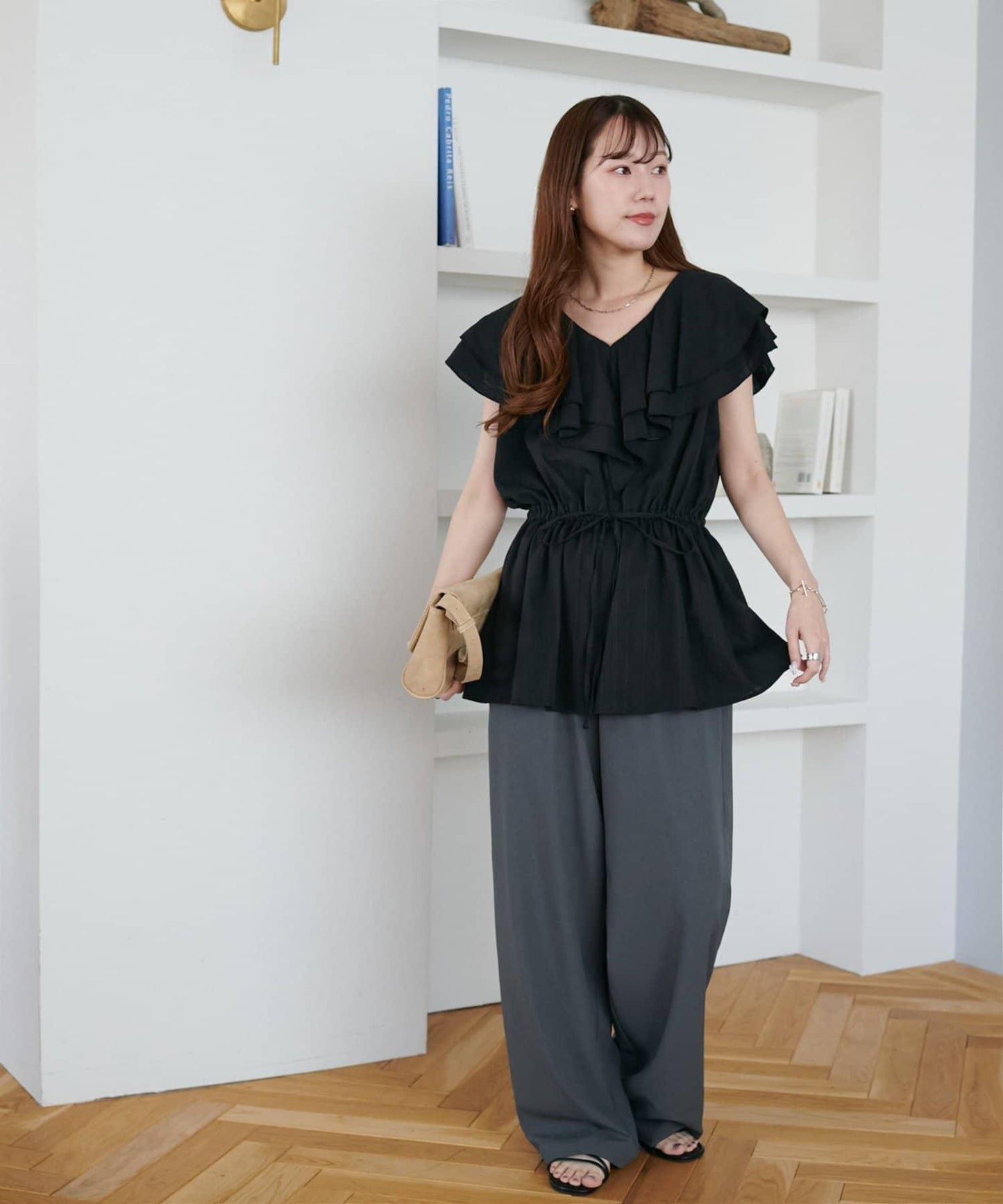 荷葉邊束腰 抓褶設計 長款襯衫