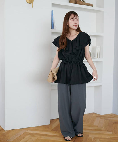 荷葉邊束腰 抓褶設計 長款襯衫