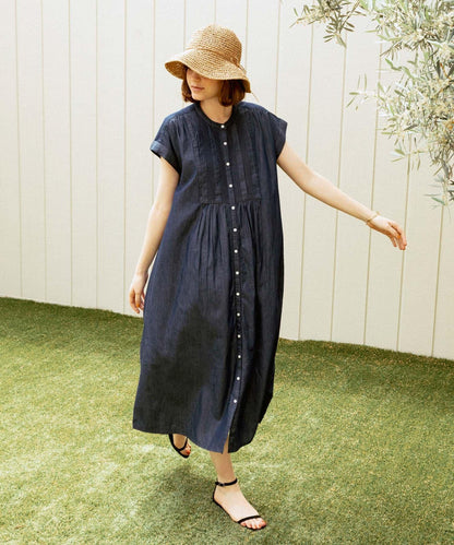 牛仔壓褶拼接法式連衣裙