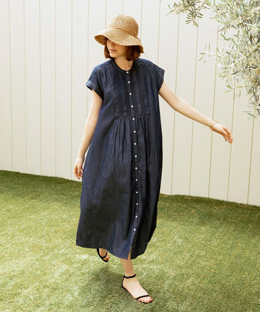 牛仔壓褶拼接法式連衣裙
